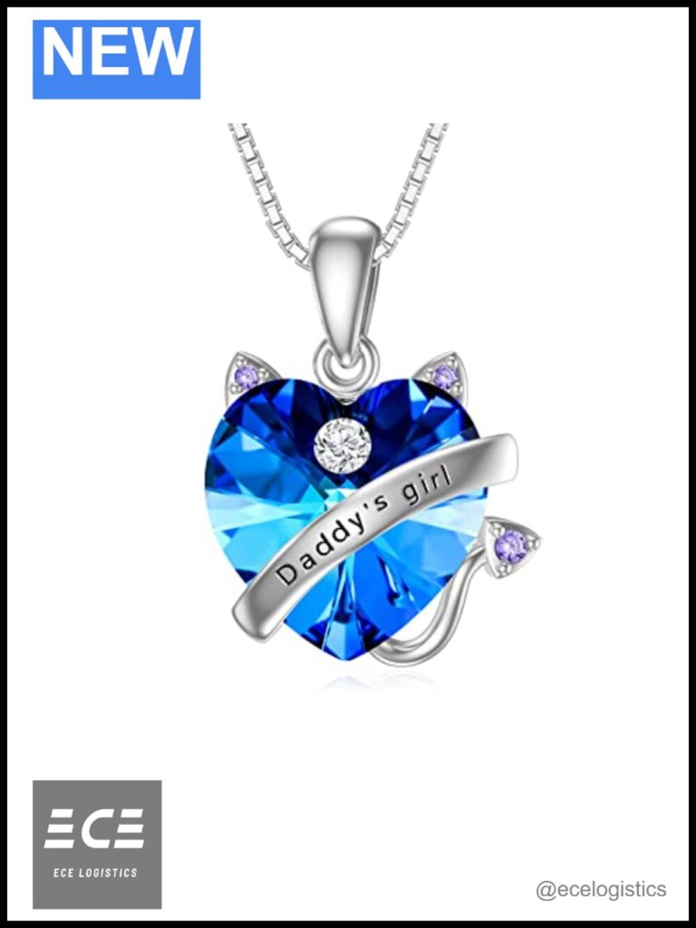 Sterling Silver Cat Heart Crystal Pendant Necklace Adjustable 17.7 in